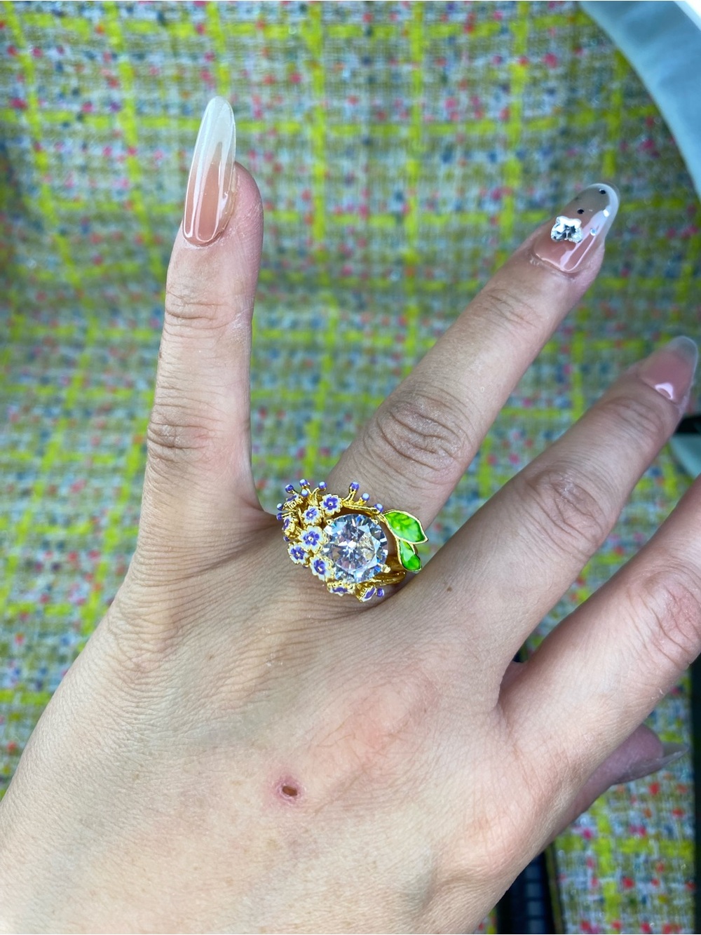 A great Moissanite  diamond Green Enamel Leaves and Purple size 8 1/2
